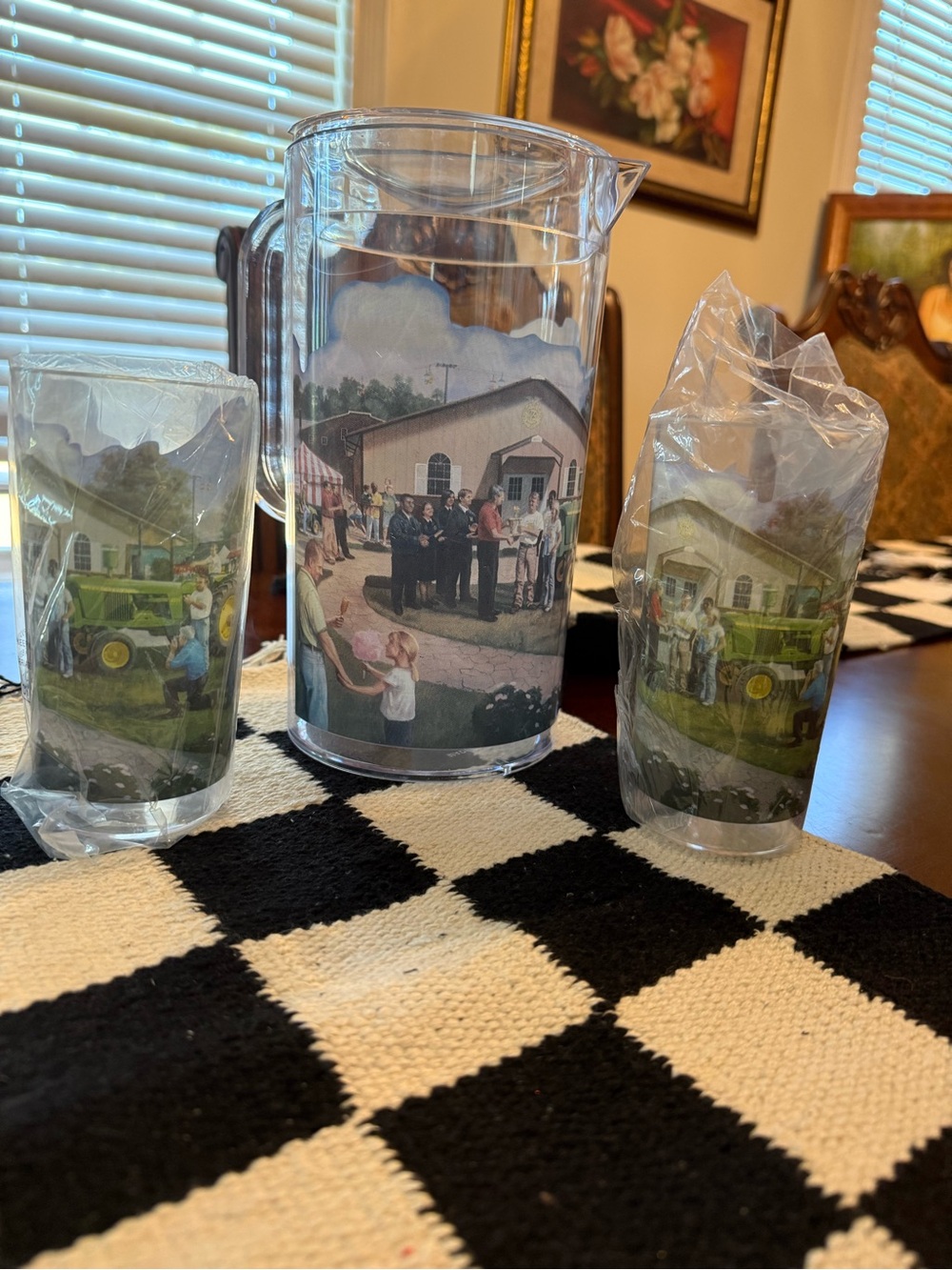 Clear Plastic Pitcher and Glass Set with Farm Scene - Green Accents